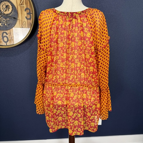 Lane Bryant Orange & Yellow Sheer Floral Blouse Peasant Top Plus Size 26/28 - Picture 3 of 8
